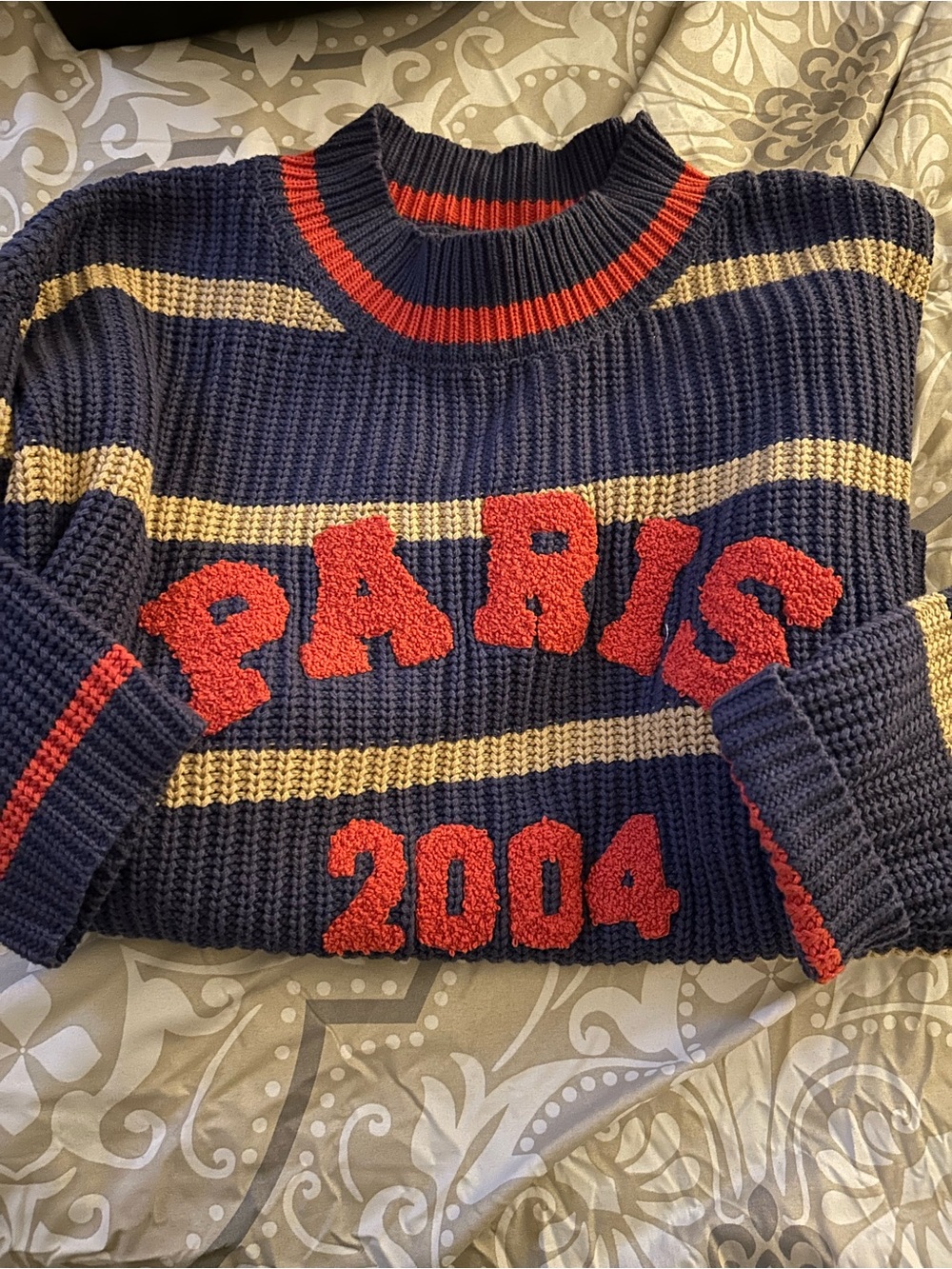 Altard state women’s Navy Striped Crewneck Sweater with Red 'PARIS 2004' overs